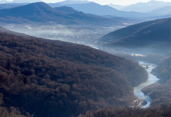 panoramic views from the observation deck in the mountainous area in the early morning