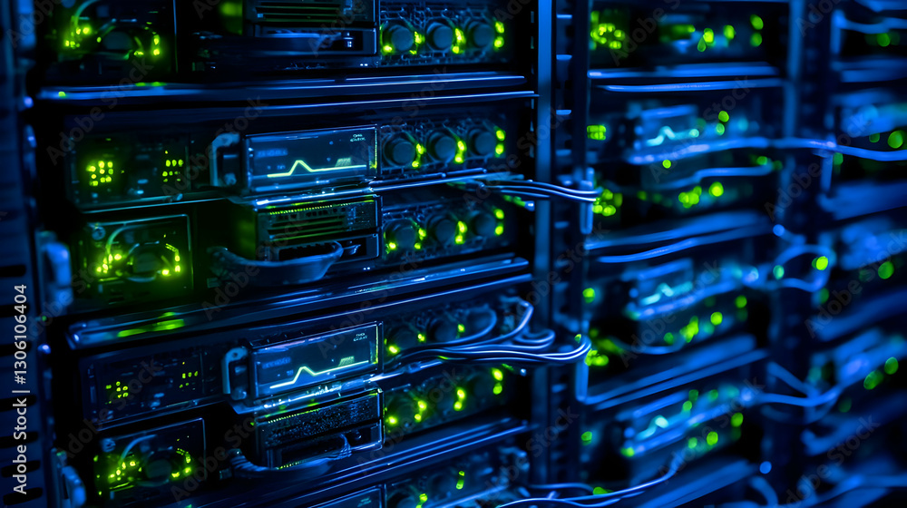 Poster blue data servers and computer racks photo in server room environment