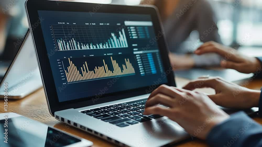 Poster person working on laptop with graphs and data analysis charts