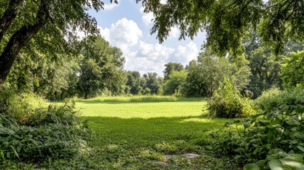 Obraz premium Serene Summer Meadow Landscape Green Grass Lush Trees Sunny Sky