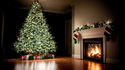 Festive Christmas Tree  Fireplace  Presents  Holiday Banner  Cozy Winter Home Decor