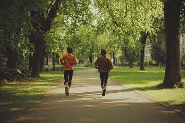 A lively photo of a pair of friends running side by side in a public park, with trees and greenery around them, showing health and companionship.
