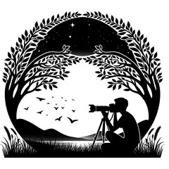 Photograph and photo camera on street, Isolated silhouettes of people on white background..