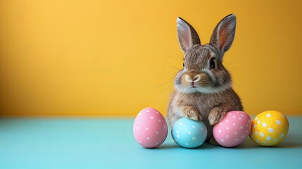 Easter bunny adorable rabbit with easter egg blue pink yellow polkadot painting  on colorful background. Easter holiday concept.