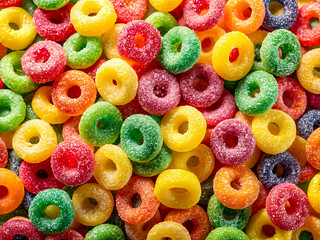 Delicious bright, fruity-flavored candy rings in various colors like a seamless pattern. Tasty food background