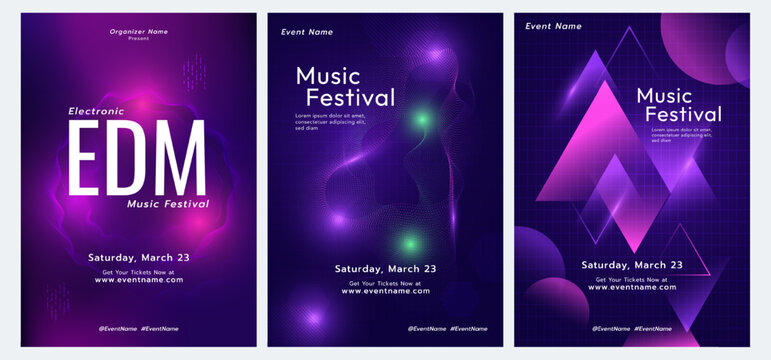 EDM or Electronoic Dance Music festival poster with neon purple and blue tones, dynamic wave patterns. Futuristic, Technology abstract background.
