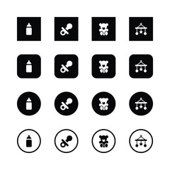 Baby icons, minimalist design, black and white, baby bottle, pacifier, teddy bear, mobile toy, vector graphics, flat icons, square icons, circular icons, outlined icons, infant care symbols, nursery.
