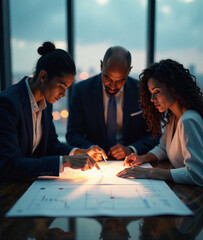 A diverse team strategizing over a glowing digital blueprint, symbolizing resilience and innovation in business continuity planning amidst a dynamic city skyline backdrop.