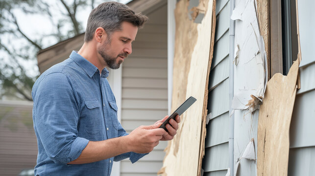 Middle-aged man using smartphone near damaged house siding. Property assessment application