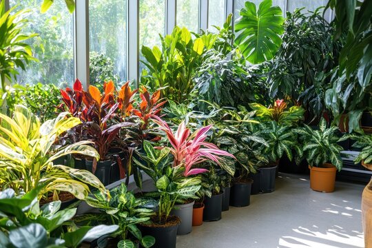 A lush indoor greenhouse environment with Croton plants arranged alongside other exotic tropical houseplants.