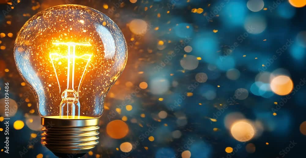 Poster bright sparkling light bulb with bokeh background in warm colors