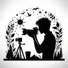 Photograph and photo camera on street, Isolated silhouettes of people on white background..