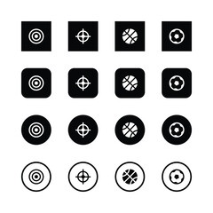 Minimalist icons, black and white design, target symbol, crosshair icon, basketball icon, flower shape, geometric shapes, simple graphics, mobile app icons, user interface elements, clean lines, high 