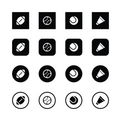 Icon set, sports equipment, minimalist design, black and white, baseball bat, tennis racket, ping pong paddle, bowling pin, square icons, circular icons, rounded square icons, vector graphics.