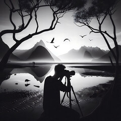 Photograph and photo camera on street, Isolated silhouettes of people on white background..