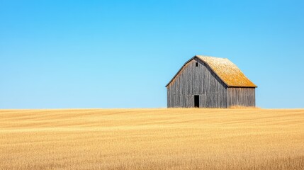 Obraz premium Solitary Rustic Barn in Golden Wheat Field Under a Clear Blue Sky: A Peaceful Prairie Landscape