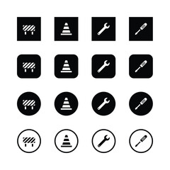 Construction icons, road work symbols, black and white, minimalist design, flat icons, tool graphics, traffic cone, barrier sign, wrench icon, screwdriver icon, square icons, circular icons.