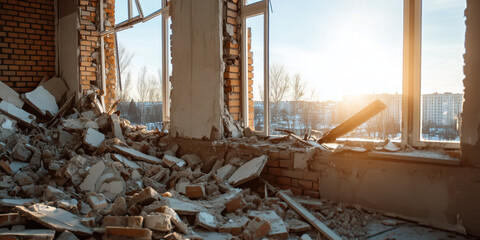 Destroyed apartment interior with rubble and view of snow-covered landscape through windows. War consequences