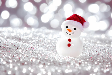 Cute Snowman Wearing Red Santa Hat On Glittery Winter Background