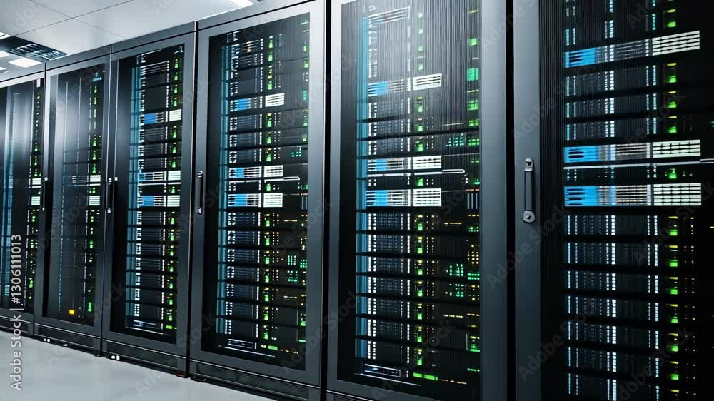 Poster modern data center with rows of high-performance servers