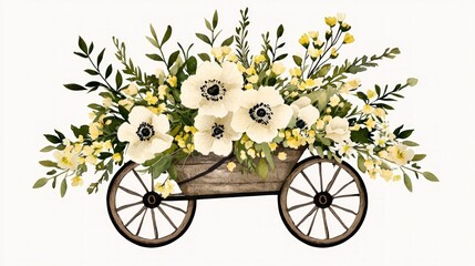 Vintage Wheelbarrow with Spring Flowers  Watercolor Floral Arrangement