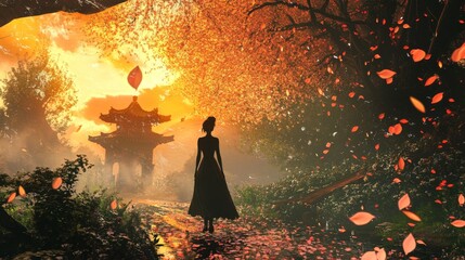 A woman walking down a path towards a beautiful golden pagoda with falling leaves.  A mystical fantasy landscape