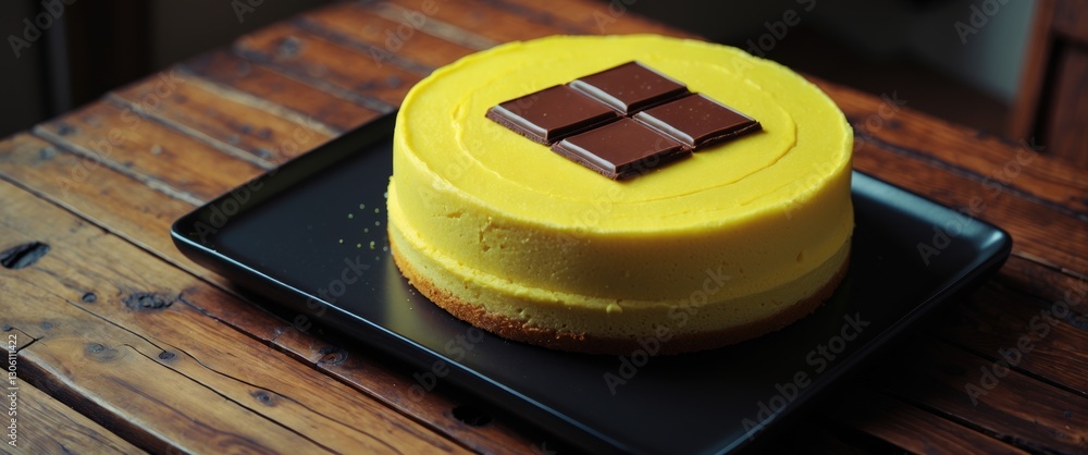 Poster yellow round cake topped with chocolate squares on a black rectangular plate resting atop a rustic w