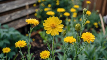 Vibrant Yellow Flowers Blooming in a Backyard Garden with Room for Custom Text Overlay