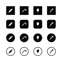 Icon set, candy, balloon, firework, minimalist design, black and white, geometric shapes, vector graphics, simple illustrations, festive symbols, celebration icons, user interface elements, app icons,
