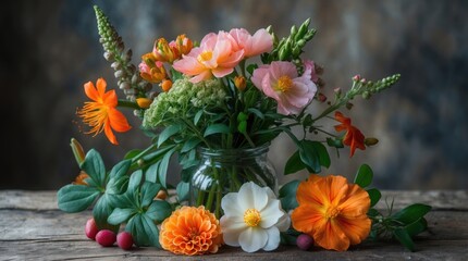 Vibrant botanical flower arrangement in glass vase complemented by assorted blossoms and leaves on rustic wooden surface