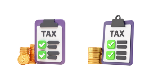 Visual representation of tax forms with coins and checkmarks