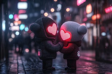 A pixel art representation of two characters hugging, with animated hearts and glowing pixelated sparkles creating a nostalgic and playful scene