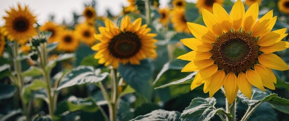 Fototapeta premium Vibrant Sunflower Field in Full Bloom with Yellow Petals and Green Foliage against a Bright Sky