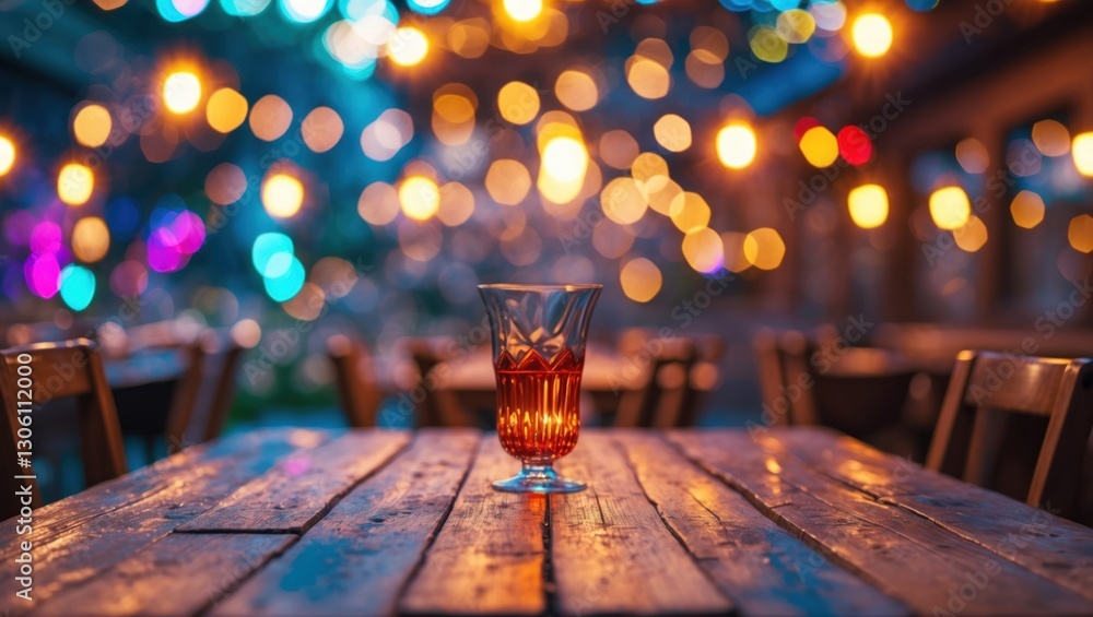 Poster rustic wooden table with a glass of drink and vibrant bokeh lights in the background creating a warm