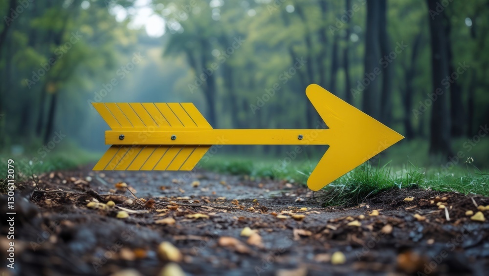 Poster yellow directional arrow symbolizing travel or movement on a forest path surrounded by greenery and 