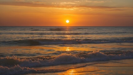 Fototapeta premium Vibrant Sunset Over Ocean Waves with Warm Yellow and Orange Tones Creating a Serene Evening Atmosphere on the Horizon