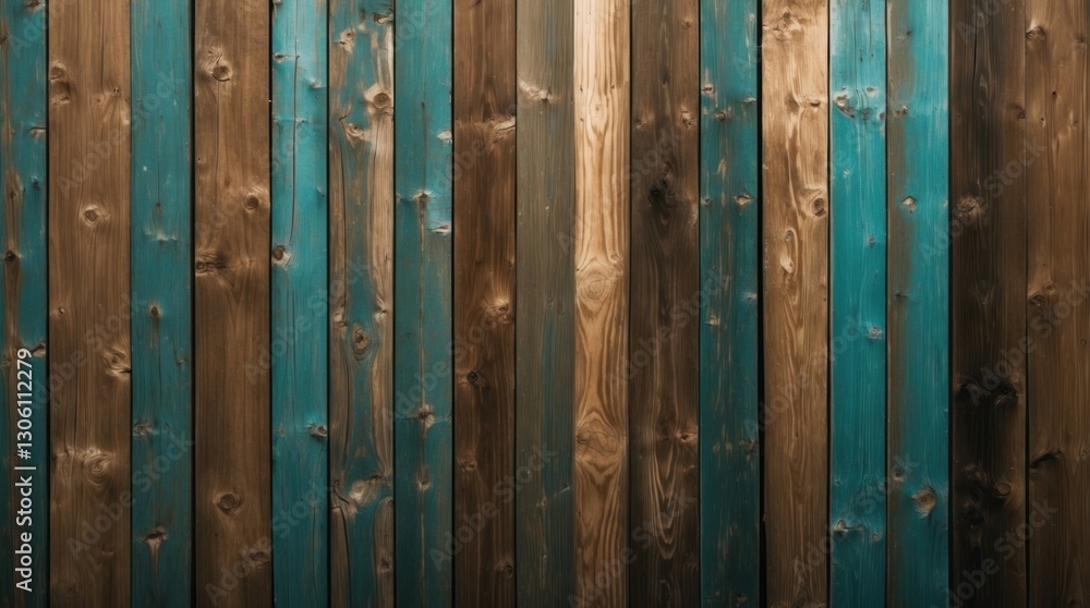 Poster textured wooden wall with alternating brown and turquoise planks creating a rustic and colorful back