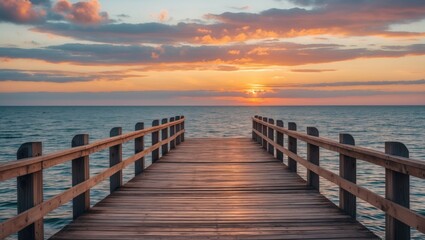 Obraz premium Wooden Pier Over Calm Sea at Sunset with Vibrant Sky and Copy Space for Text in a Serene Coastal Landscape