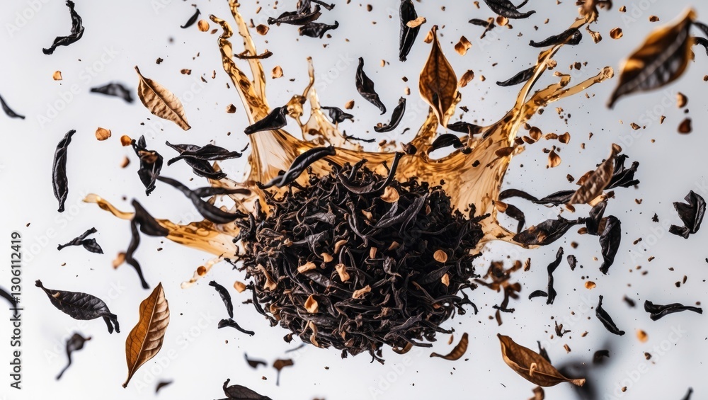 Poster black tea leaves bursting in an abstract explosion creating a dynamic splash against a white backgro