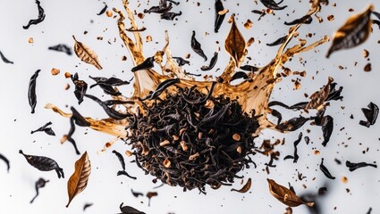 Black tea leaves bursting in an abstract explosion creating a dynamic splash against a white background showcasing motion and elegance.