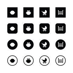 Baby-related icons, minimalist design, black and white, simple shapes, lemon, baby face with bow, baby stroller, crib, square icons, circular icons, outline icons, solid icons, vector graphics, flat.