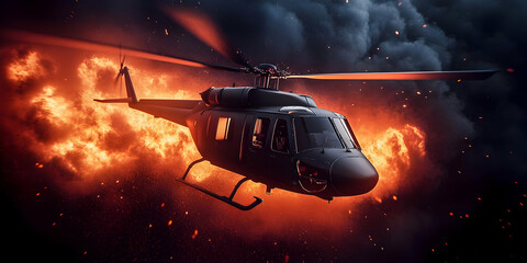 Digital Illustration Of Black Helicopter Amidst Fiery Explosion And