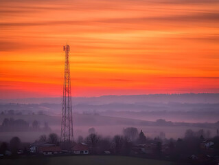 Dramatic Sunset Photo Tower Silhouetted Against Orange Sky Landscape