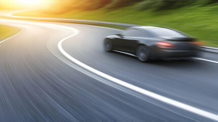 Dynamic Black Car Driving On Winding Road Photo With Sunset and