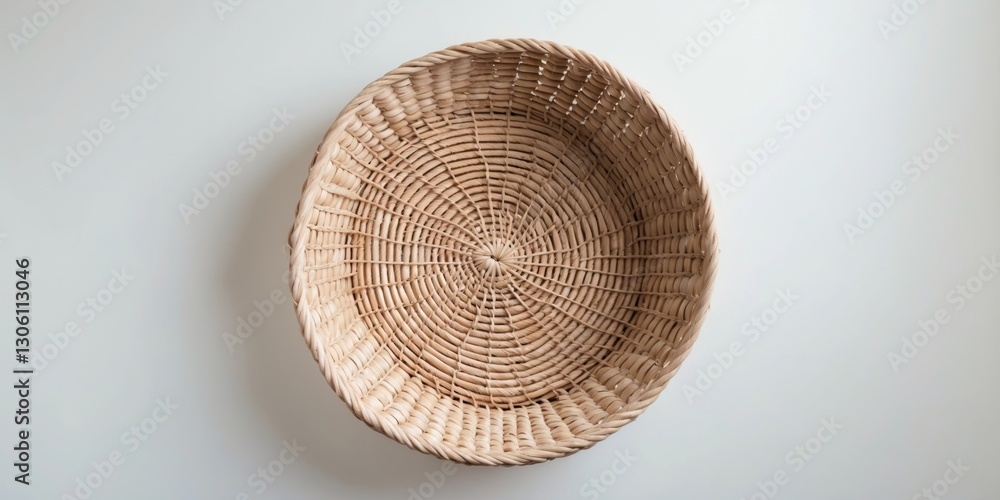 Poster woven basket on white background with empty space for custom text and designs for creative and marke