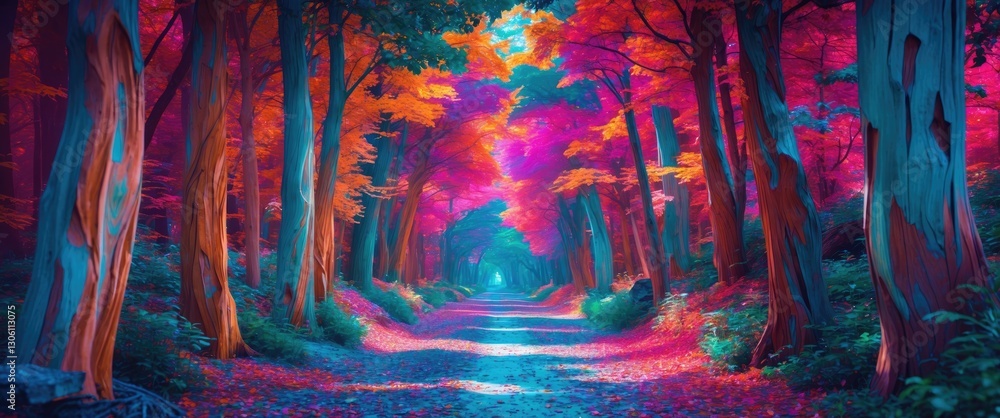 Poster vibrant autumn forest with colorful foliage creating a magical pathway through the trees showcasing 