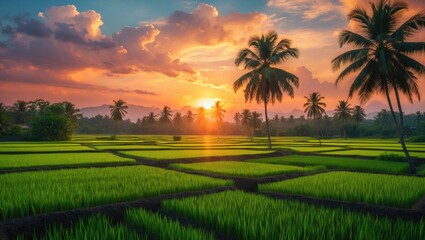 Stunning sunrise over lush rice fields in Thailand with sugar palm trees and vibrant sky, depicting natural beauty and tranquility.