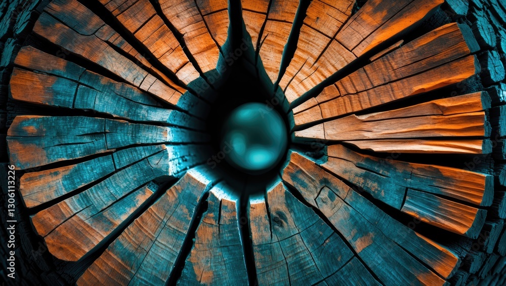 Poster colorful wooden texture of a cut tree trunk with intricate patterns and a central sphere reflecting 