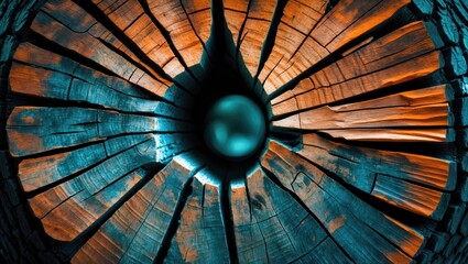 Colorful wooden texture of a cut tree trunk with intricate patterns and a central sphere reflecting light in a captivating design