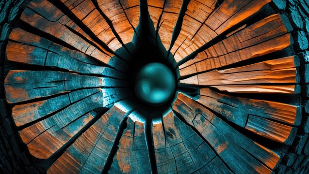 Colorful wooden texture of a cut tree trunk with intricate patterns and a central sphere reflecting light in a captivating design
